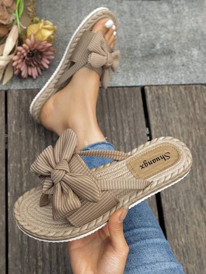 女士蝴蝶结装饰平底凉鞋，圆头夏季一脚蹬鞋，轻便沙滩人字拖，防滑女士拖鞋