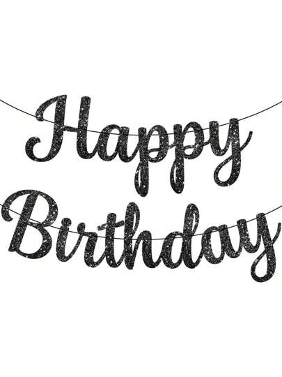 Glitter "Happy Birthday" Streamer Banner, English Text, Black Party Background Decor