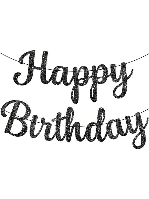 Glitter "Happy Birthday" Streamer Banner, English Text, Black Party Background Decor