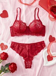 Conjunto de lencería sexy con adorno de encaje para mujer - Burdeos - Ver 3