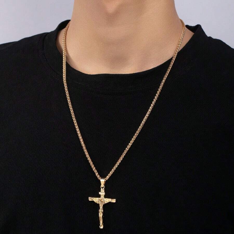 1 件最新男士编织链吊坠项链，金属材质 - 金黃色 - 查看 1