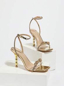 Women's Clear Crystal Heel Sandals, Metal Pearl Rhinestone Decor Chunky High Heel Lace-Up Golden Sandals