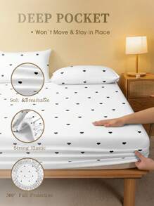 2/3pcs Black White Heart-Shaped Love Pattern Fitted Sheet Set (1Pc Fitted Sheet+1/2pcs Pillowcases), Mattress Protector, Mattress Cover For Bed, Bed Sheet Set, Soft And Breathable, For All Size Bed -Twin, Full, King, Queen Size Sheet Deep Pocket Up To 11.8 Inch Home Textile Back School Bedding Domitory Bedding Set - Black and White - View 6