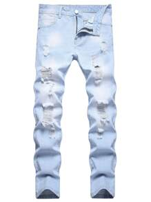 Men's Simple Front Button Pocket Distressed Casual Jeans