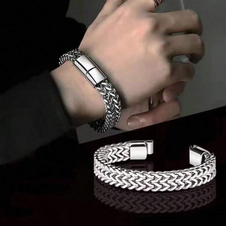 1pc Stainless Steel Braided Double Row Front And Rear Fish Scale Alloy Magnetic Buckle Bracelet With Keel Jewelry New Model - Multicolor - View 1