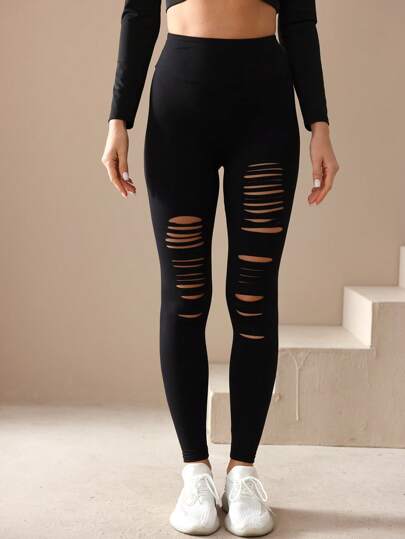 Women High Waist Soft Outdoor Sports Leggings, Distressed Hollow Yoga Pants, Casual Cropped Pants Tights Black Spring