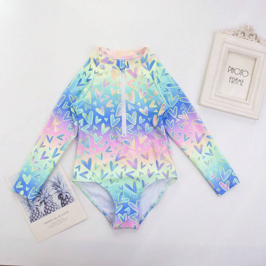 1 pieza Traje de baño de una pieza con estampado de corazón y degradado de color, con cierre delantero, bañador con manga larga tipo rashguard, atuendo de playa para niñas de 4 a 7 años - Celeste - Ver 1