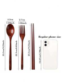 3 件木制餐具套装，9.2 英寸/23.5 厘米木制便捷餐具勺筷子叉子，优雅木制餐具套装，木制银器套装，厨房，圣诞礼物，学校用品 - 棕色 - 查看 7