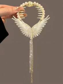 1 件花卉仿珍珠水钻蝴蝶结流苏优雅发夹，时尚日常使用 - 金色流蘇 - 查看 4