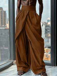 INCERUN Fashion Men High Waist Zipper Wrap Pleated Palazzo Culotte Long Pants Holiday Party Casual Loose Wide Leg Trousers Bottoms - 黑色 - 查看 8