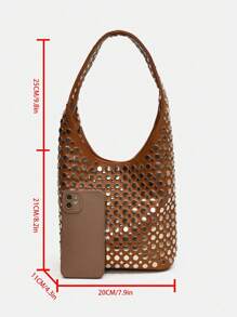 1pc  European& American Punk Style Heavily Embellished Double-Sided Round Riveted Inlaid Fashionable Niche Luxury Bucket Bag, Elegant Shoulder Bag For Professional Women/ Office Use - 棕色 - 查看 9