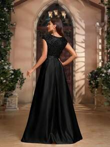 Women's Sequin V-Neck Bow Belt Sleeveless Dress, Perfect For Parties, Weddings And Formal Events, Sequin Formal Wear