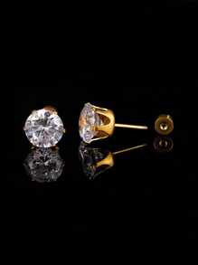 1 Pair Stainless Steel 18K Gold Plated CZ Stone Stud Earrings, Simple & Stylish Men's Ear Accessories, Ideal For Festive Occasions. - Zirconia Earrings - View 6