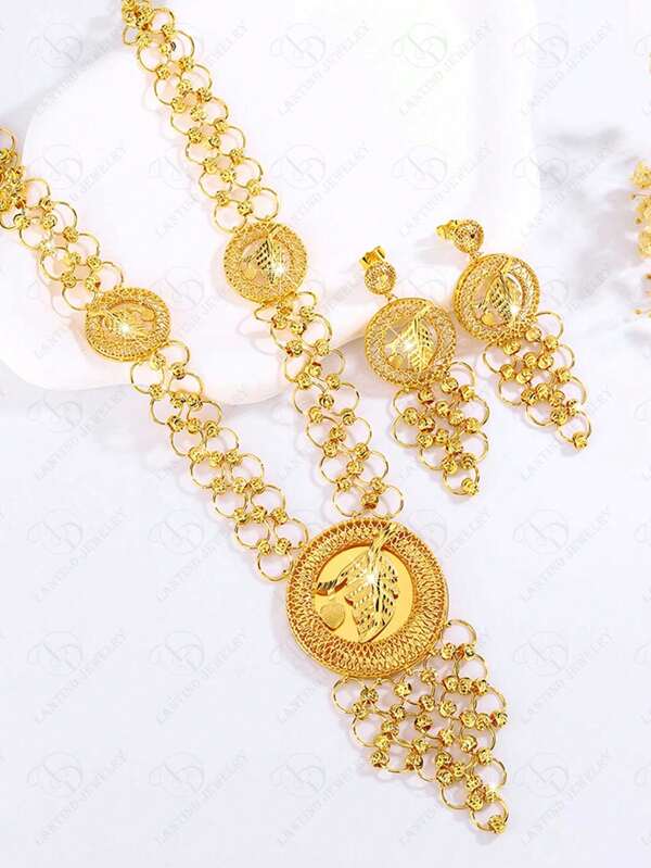 Luxury Fashion Women's Dubai Tassel Long Necklace, Gold-Plated Copper Earrings, Hollow Flower & Leaf Earrings, Jewelry Set For Party Dress