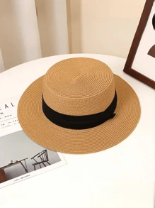 1 件女士宽边平顶帽，黑色编织带草编沙滩帽 - 草帽 - 查看 5