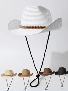 1pc Women's Panama Hat, Jazz Hat, Sun Hat, Beach Hat, Woven Leather Brimmed Hat With Rivet Decor, Suitable For Beach, Hiking, Western Themed Events, Parties, Role Play, Graduation, Masquerade, Festivals, Weddings, Birthdays, Music Festivals, Spring/Summer Wear