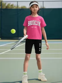 2 件套年轻女孩字母印花短袖T恤+短裤运动套装夏季运动服户外套装 - 玫紅色 - 查看 11