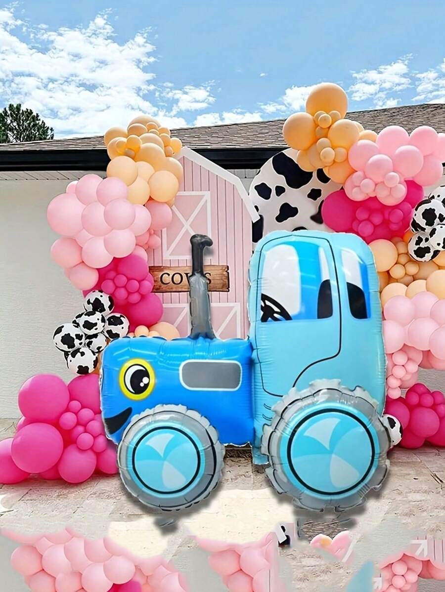 1 个组装蓝色拖拉机形状铝箔气球，生日派对氛围装饰，农场主题派对装饰 - 彩色 - 查看 1