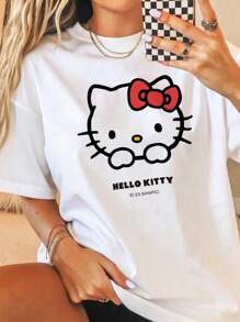 Sanrio 1 Pc Hello Kitty Women Casual Cartoon Print Round Neck Short Sleeve T-Shirt Graphic Shoulder Tees Women Tops Lounge Wear Base Layers Summer For Women