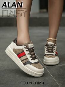 Women's Fashion Color Block Lace Up Platform Sneakers, Comfortable Daily Light-Weight Versatile Student Outdoor Couple Sports Shoes - Brown - View 3