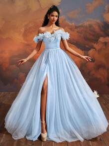 VIPGIRL SHEIN X Hannahelzahed Hannah Dreamy Blue Floral Off-Shoulder Tulle Ball Gown With High Slit, Corset Bodice, Princess Style Maxi Dress, Women Formal & Evening Dresses, Elegant Party Dress, For Wedding Guest
