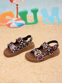 1 paire de sandales plates noires pour filles, fermeture à boucle et à scratch, chaussures d'été polyvalentes et confortables pour l'extérieur et la plage, style minimaliste - Noir - Voir 4