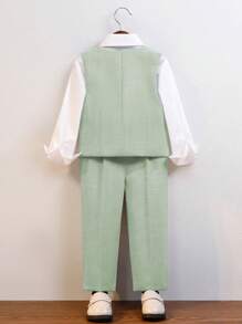 四件套男童正装，适合学校、婚礼、派对等场合，包括双排扣马甲、长裤、长袖衬衫和领带。 - 綠色 - 查看 3