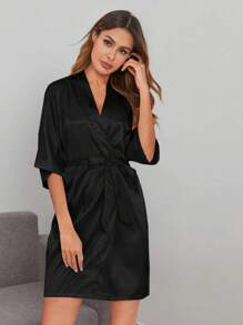1pc Women's Solid Color Short Sleeve Bathrobe, Suitable For Spring/Summer Wear At Home, Solid Color Short Sleeve Bathrobe - Suitable For Spring/Summer, Home, Hotel, Party And Other Occasions, Can Also Be Worn In Winter - Black - View 4