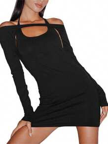 Women Wrapped Dresses Tops Sleeveless Hanging Neck Solid Color Short Midi Long Sleeved Tops - Black - View 3