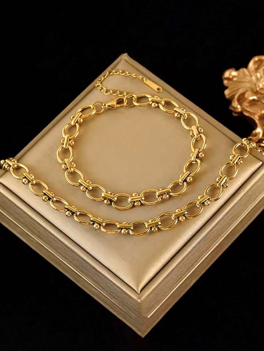 1 Set Stainless Steel Geometric Knot Design Fashionable Personalized Necklace & Bracelet Set, Suitable As Gift - Yellow Gold - View 1