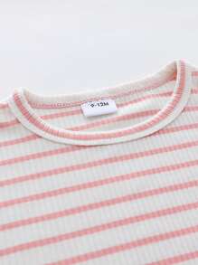 女宝宝夏季条纹吊带裤短袖短裤套装 - 粉色 - 查看 3