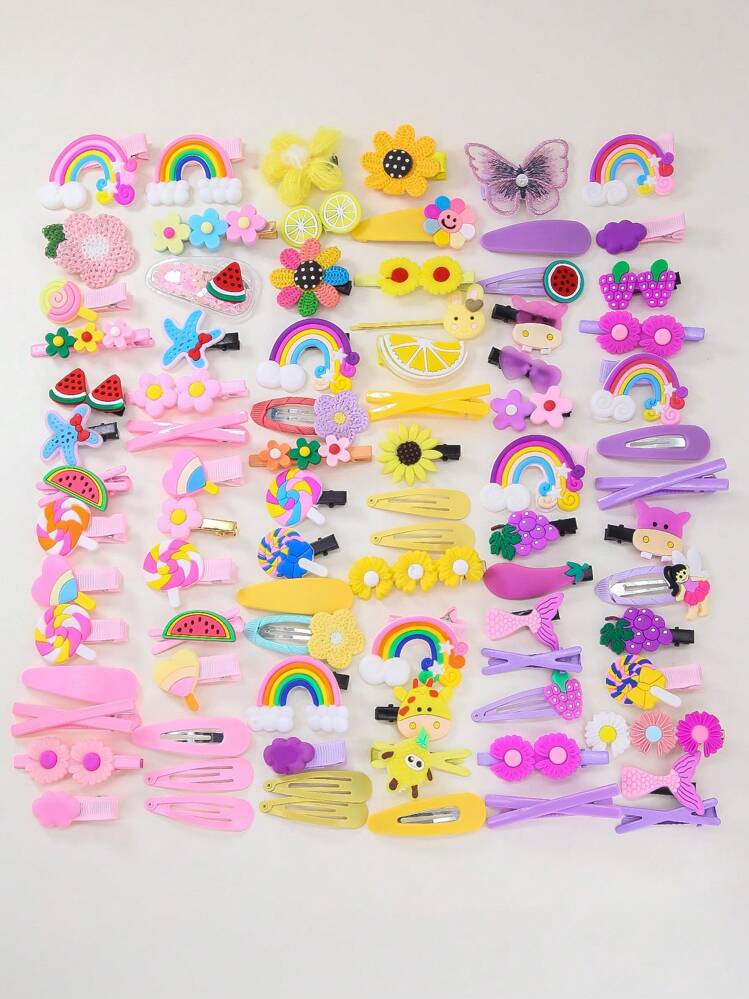42 piezas de pasadores de pelo con diseños de mariposas, frutas, animales, dibujos animados, flores y arcoíris de estilo aleatorio para niñas, pasadores de flequillo sencillos, para uso diario y como regalo - Multicolor - Añade 3