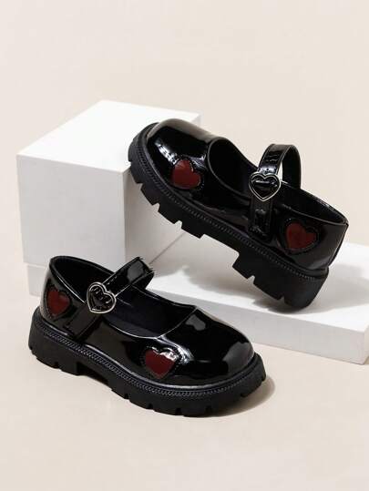 1 Pair Girls Heart Decor Thick Sole Anti-Slip Mirror Party & Daily Wear Princess Loafers, Children Birthday Gift