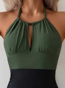Summer Spring Break Women's One-Piece Swimsuit - Black And Green Colorblock, High Stretch Nylon Fabric, Tummy Control Design, Adjustable Halter Neck, Hand Wash Only, Summer Swimwear | Halter Neck Swimsuit | High Stretch Fabric, Elegant - Dark Green - View 4