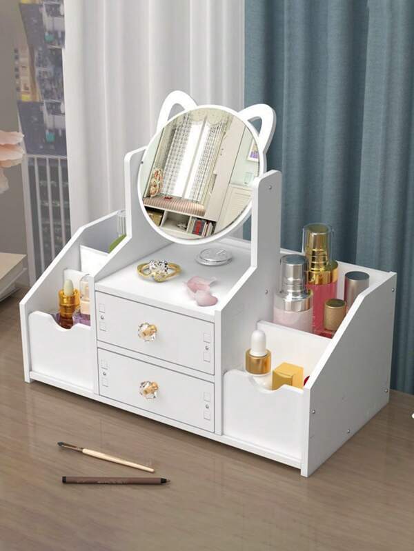 1pc Portable Tabletop Makeup Organizer With Mirror, Small Vanity Storage Rack For Bedroom, Dorm Room & Household Use