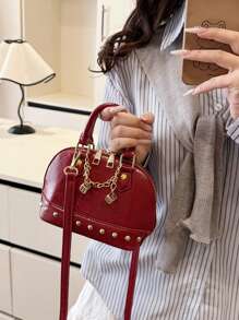 Simple Solid Color Niche Design Dice Chain Pendant Decorative Handbag, Exquisite Small Portable Practical Daily Versatile Lipstick Bag, Rivet Decoration Sweet Cool Hot Girl Adjustable Shoulder Strap Crossbody Bag, Suitable For Dating Shopping Outing Storage Mobile Phone Lipstick Change