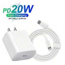 20W PD 快速充电适配器套件，USB-C 壁式充电器 + 3.3 英尺/100 厘米 USB-C 转闪电快速充电线，兼容 iPhone 14 Pro Max/13/12/11/XR/XS Max/8/7 - 美規A型插(110-127V) - 查看 2