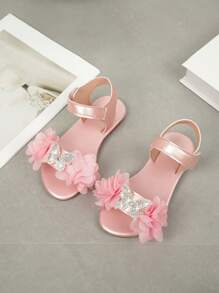 1 双女童夏季平底凉鞋，大蝴蝶结设计软底休闲沙滩鞋，时尚粉色公主鞋 - 粉色 - 查看 2