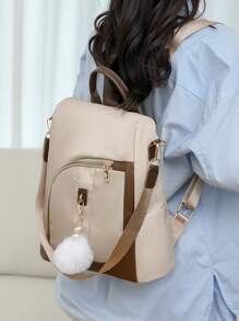 Oxford Cloth Water-Repellent Large Capacity Color-Blocked Backpack, Casual Fashion Versatile Travel Bag With A Hanging Fur Ball, Suitable Ladies, Girls, Students, Office Workers And White-Collar Workers, Suitable For Work, Attendance, Business, School, Library, Travel., Perfectly Matching With Backpack Accessories - Beige - View 4