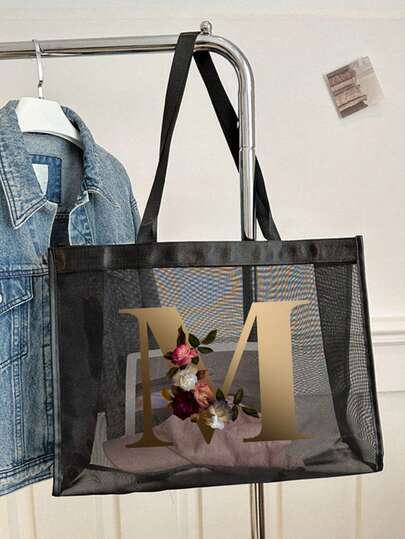 Túi Tote Dung Tích Lớn Túi Đi Biển Túi Đeo Vai Thời Trang Ngoài Trời Cho Nữ Túi Xách Túi Mua Sắm Túi Lưới In Chữ Hoa Vàng Túi Đựng Đồ Di Động Đa Năng Cho Du Lịch Cắm Trại Biển