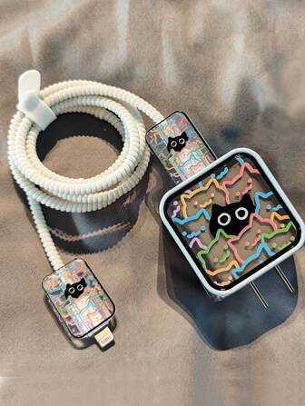 Juego de 5 protectores de carga con diseño de gato de dibujos animados lindos, compatibles con el cable del cargador Apple 18W/20W, protector de cargador