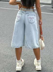 High Waist Bermuda Denim Shorts Without Belt - Light Wash - View 3