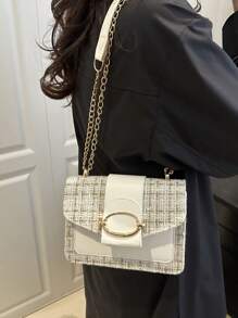 Versatile Plaid Pattern Flap Chain Square Bag - White - View 2