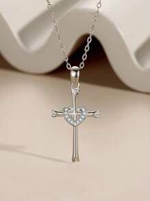 1pc 925 Sterling Silver Zirconia Heart Cross Pendant Necklace, Personalized Cross Heart Shaped Clavicle Chain Jewelry Gift For Women - Cross - View 7