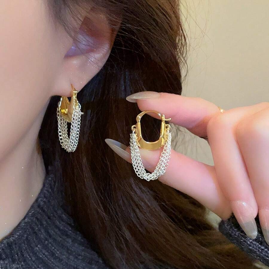 1 Pair Chain Tassel Earrings, 2025 New High-End Gradient Gold Silver Retro Statement Ear Clips