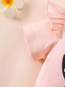 Zestaw 2 szt. Wiosna/Lato Dziewczynki Króliczek Sylwetka Polka Dot Cap Sleeve Letter Print Okrągły Dekolt Top I Czarne Spodenki Polka Dot, Z Różową Opaską Na Głowę - Różowy - Zobacz 5