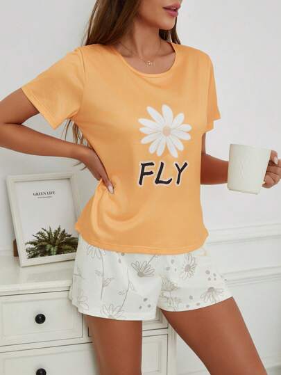 Conjunto de pijama feminino com estampa floral, 2 peças, manga curta, blusa e shorts com laço, roupa casual para casa, primavera/verão