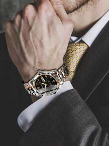 1pc Men's Stainless Steel Band Calendar Week Luminous Business Casual Quartz Wrist Watch - Multicolor - View 5