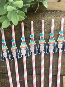 12 Pcs Customized Number & Face Party Paper Straws, Pink Theme Birthday Party Decor, Bachelorette Party Supplies, Women's Day Holiday Decor, Birthday Hat, Pink & Blue Striped Paper Straws, Best Gift For Girls,Brunch-Ready - Multicolor - View 11