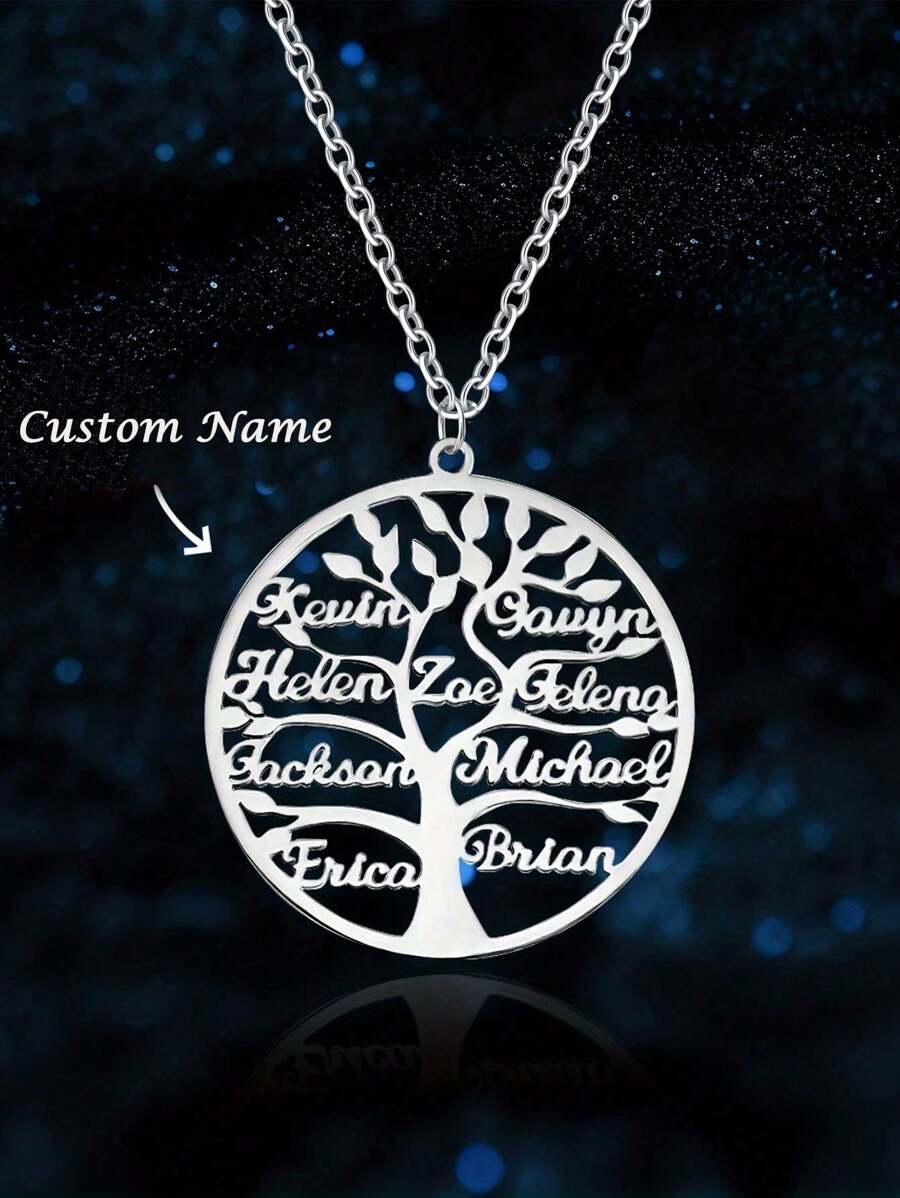 Custom Tree Of Life Nameplate Necklace, Unisex, Personalized With Mother & Child / Family Member Names, Stainless Steel Pendant Necklace, 2-9 Name Customizable, Family Gift, Fashion, Autumn Style, Neutral, Casual Custom, Personalized